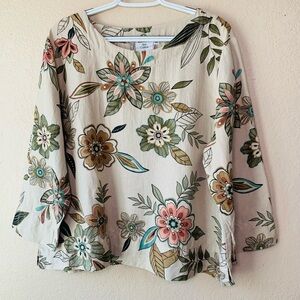 Hot Cotton By Marc Ware Linen Cotton Blend Boho Earthy Floral Top Size XL